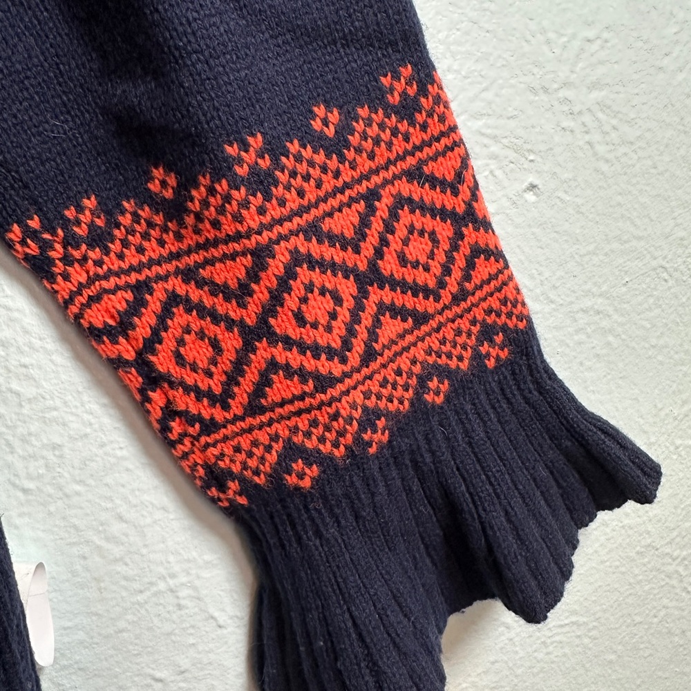 J Crew Women Fair Isle Sweater Merino Wool Blend Ruffle Sleeve Navy Orange Large - Picture 4 of 10